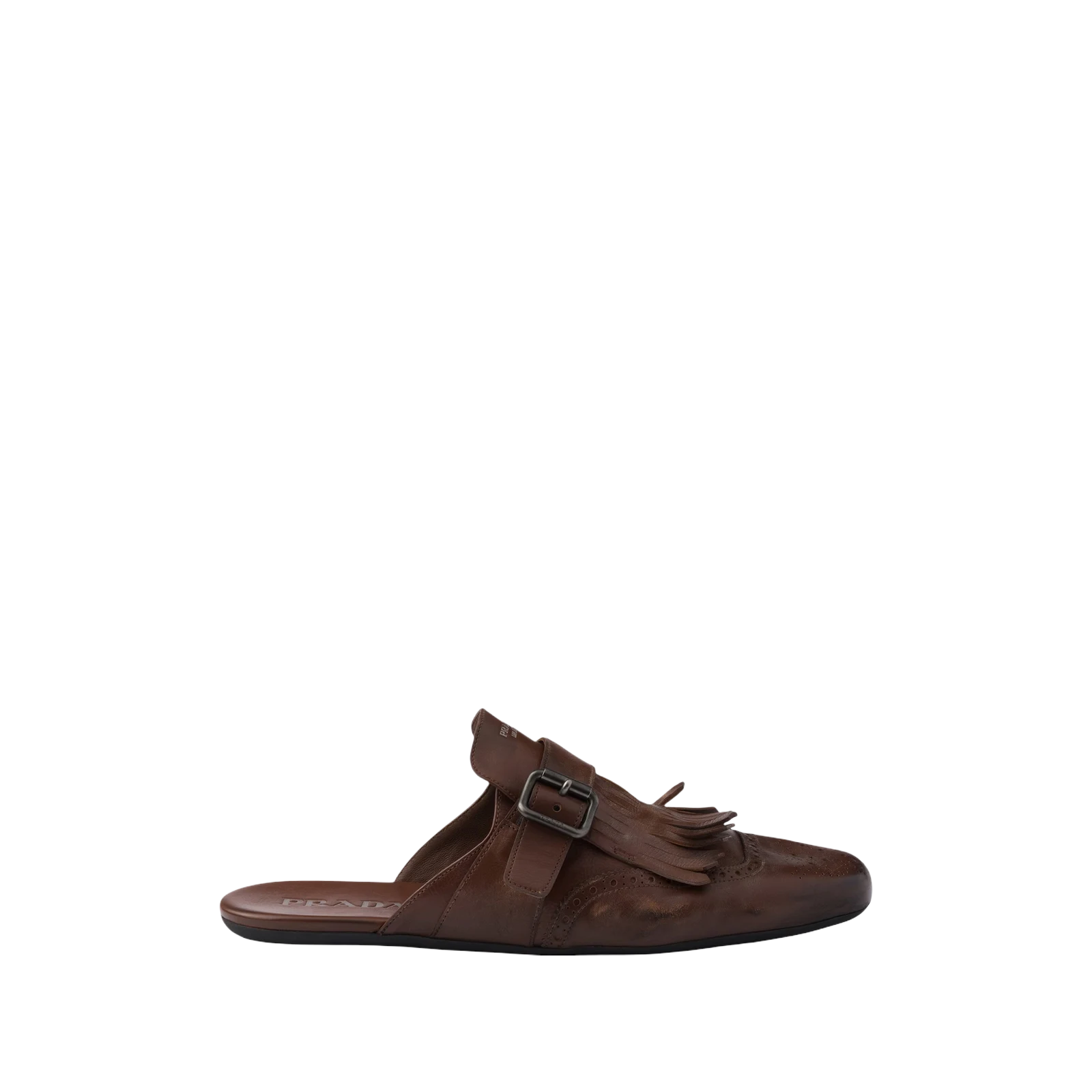 SHUFFLE ANTIQUED LEATHER MULES WITH BUCKLED STRAP AND FRINGE