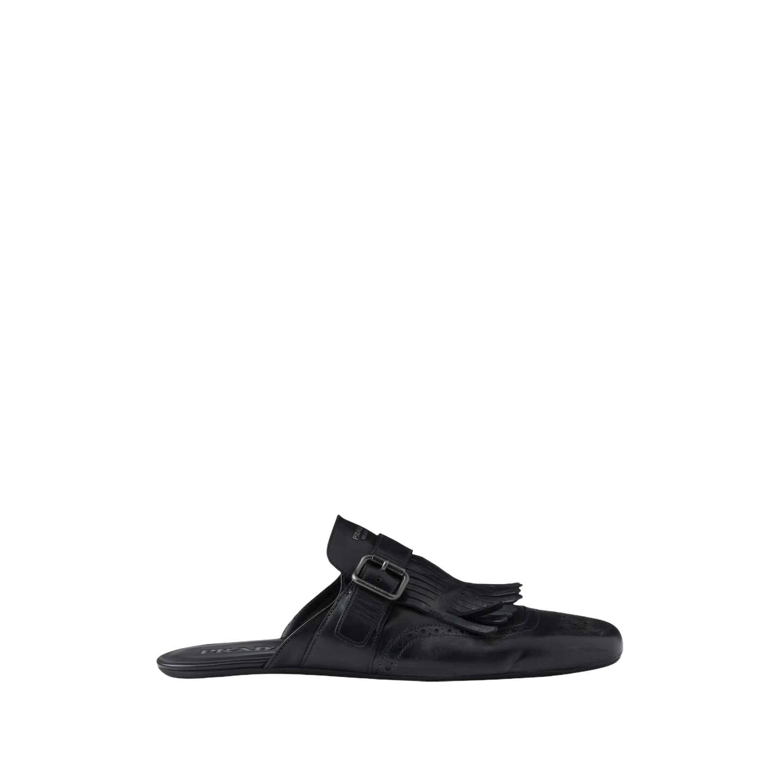 SHUFFLE ANTIQUED LEATHER MULES WITH BUCKLED STRAP AND FRINGE